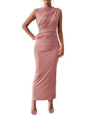 Women's Bodycon Pink Summer Sleeveless Back Slit Party Cocktail Maxi Dress